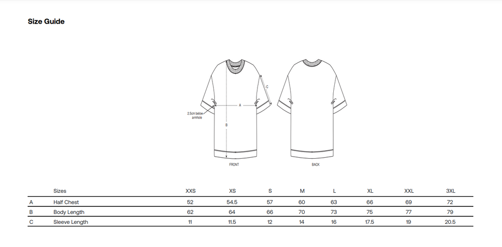 DEYA x BEAK T Shirt Size Guide