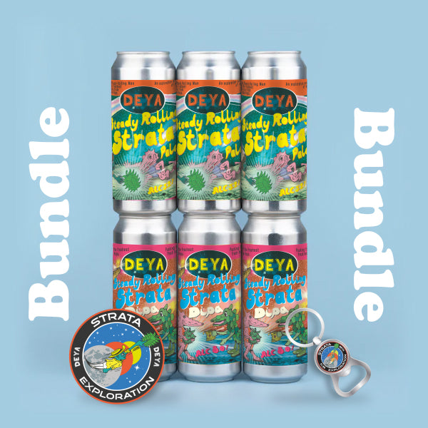 500ML 6 PACK BUNDLE INC 3 X STEADY ROLLING STRATA PALE ALE, 3 X DOUBLE STEADY ROLLING STRATA DIPA, 1 X STRATA EMBROIDERED PATCH, 1 X STRATA KEYRING