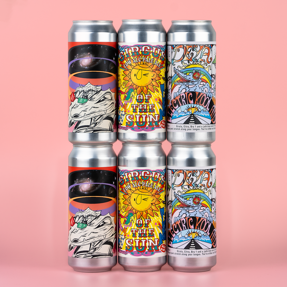 6 Pack of DEYA 500ml cans of Circus Of The Sun low Alcohol Pale Ale, Starburst Galaxy Pale Ale, Electric Kool Aid Wit Beer