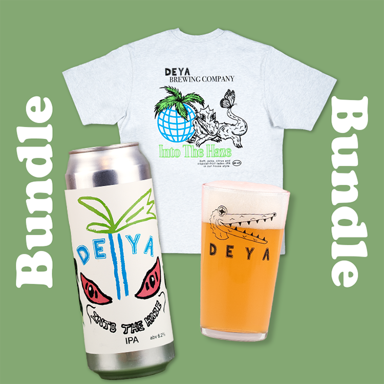 Into The Haze Bundle inc 1 x 500ml can of Into The Haze IPA, 1 x Black Croc Half Pint Glass, 1 x Into The Haze T Shirt