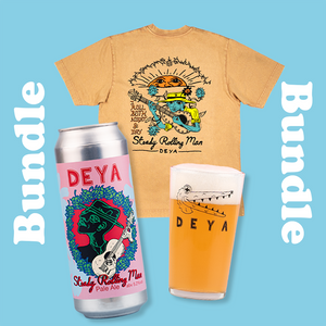 Steady Rolling Man Bundle inc 1 x 500ml can of Steady Rolling Man Pale Ale, 1 x Black Croc Half Pint Glass, Steady Rolling Man T Shirt