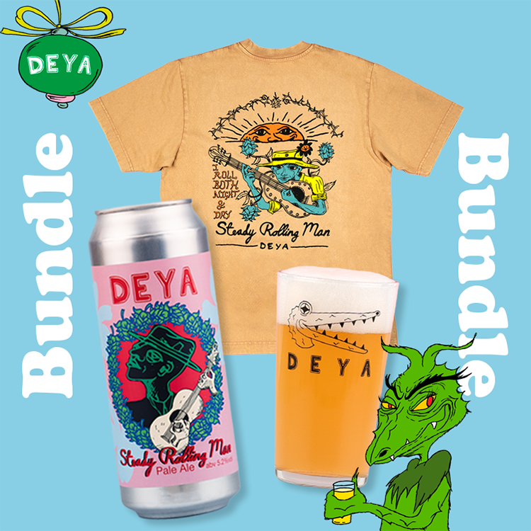 Steady Rolling Man Bundle inc 1 x 500ml can of Steady Rolling Man Pale Ale, 1 x Black Croc Half Pint Glass, Steady Rolling Man T Shirt