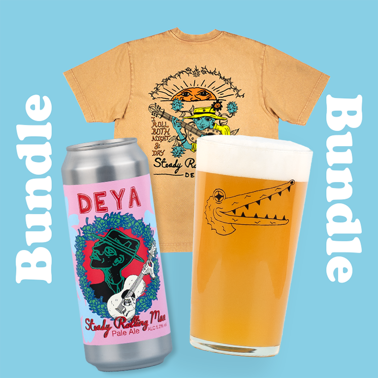 Steady Rolling Man Bundle inc 1 x 500ml can of Steady Rolling Man Pale Ale, 1 x Black Croc Pint Glass, Steady Rolling Man T Shirt