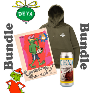 DEYA x Service Works Bundle inc Olive Love Is Hoodie, 1 x 500ml can of DEYA Magazine Cover Pale Ale and 1 x Print - Loosening The Ends