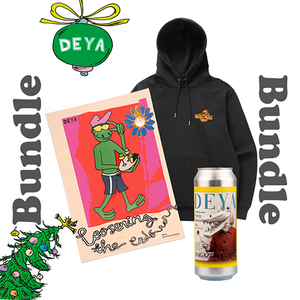 DEYA x Service Works Bundle inc Black Love Is Hoodie, 1 x 500ml can of DEYA Magazine Cover Pale Ale and 1 x Print - Loosening The Ends