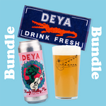 DEYA Bar Towel Bundle inc Black Croc Pint Glass, Drink Fresh Bar Towel, 500ml can of Steady Rolling Man