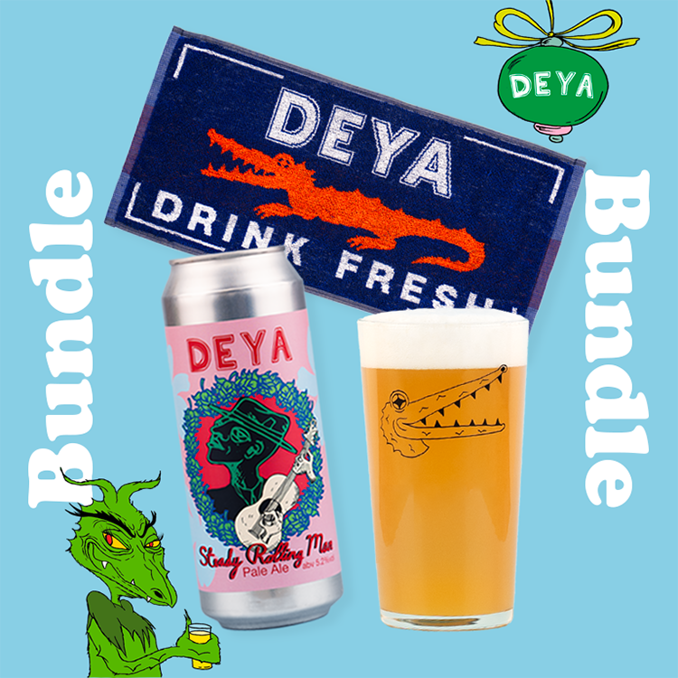 DEYA Bar Towel Bundle inc Drink Fresh Bar Towel, 500ml can of Steady Rolling Man, Black Croc Pint Glass