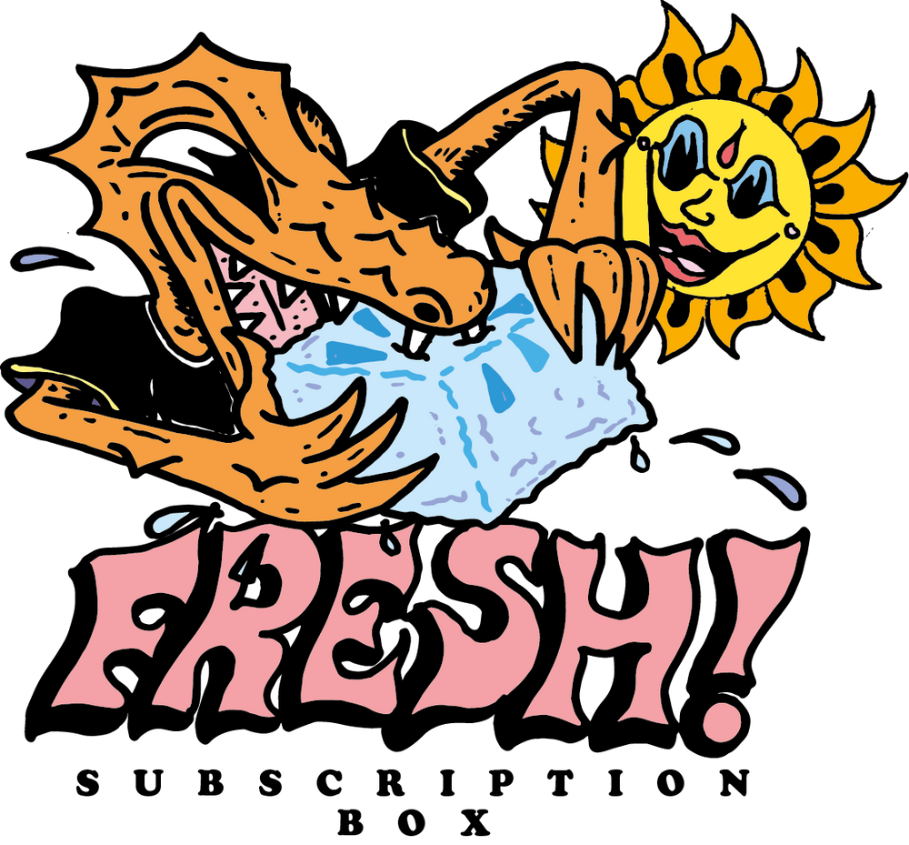 Croc biting an icecube with smiling face sun in the background. Text reads Subscription Box