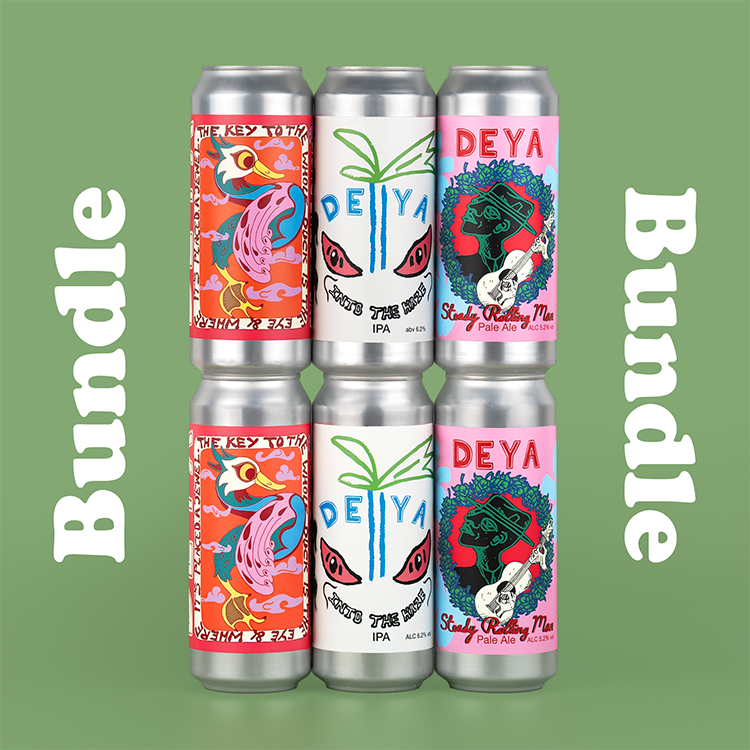 DEYA Mixed Pack inc 500ml cans of DEYA Eye Of The Duck Kettle Sour IPA, DEYA Into The Haze IPA and DEYA Steady Rolling Man Pale Ale