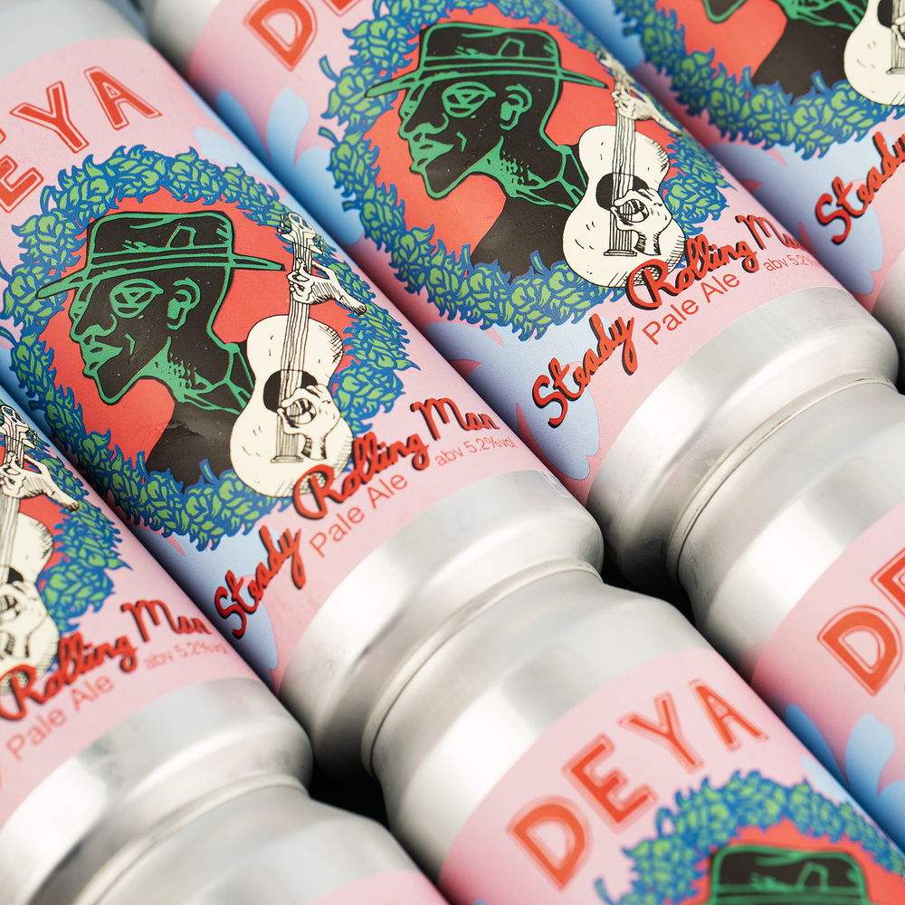 multiple cans of DEYA Steady Rolling Man Pale Ale