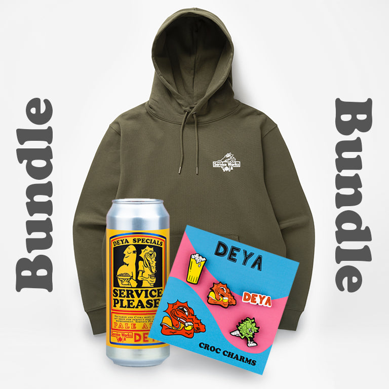 DEYA x Service Works Bundle inc Olive Love Is Hoodie, 1 x 500ml can of DEYA Service Please! Pale Ale and 1 x pack of DEYA Croc Charms