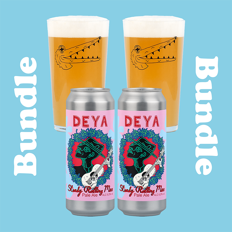 2 x DEYA 500ml Can of Steady Rolling Man Pale Ale & 2 x DEYA Black Croc Jubilee Pint Glass