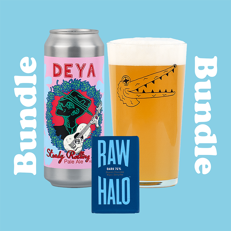 DEYA CHOCOLATE BUNDLE INC 1 X 500ML CAN OF STEADY ROLLING MAN PALE ALE, 1 X BLACK CROC PINT GLASS & 1 X RAW HALO 76% DARK CHOCOLATE BAR